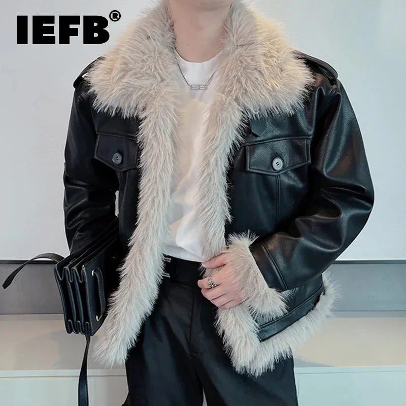 

IEFB Plush Lapel Male PU Leather Jackets Niche Design Solid Color Pockets Men Short Coat Casual Men's Clothing Spring New 9C4848