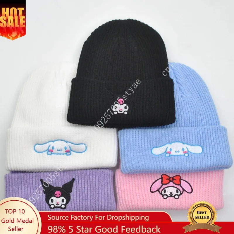 

Sanrio Kuromi Hello Kitty Winter Hat Melody Cinnamoroll Pochacco Japanese Beanie Outdoor Warm Knit Women Vintage Female Gift