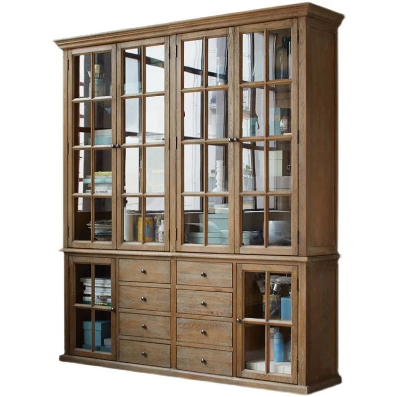 

American rural solid wood retro and old combination bookcase, modern design solid wood quality bookcase