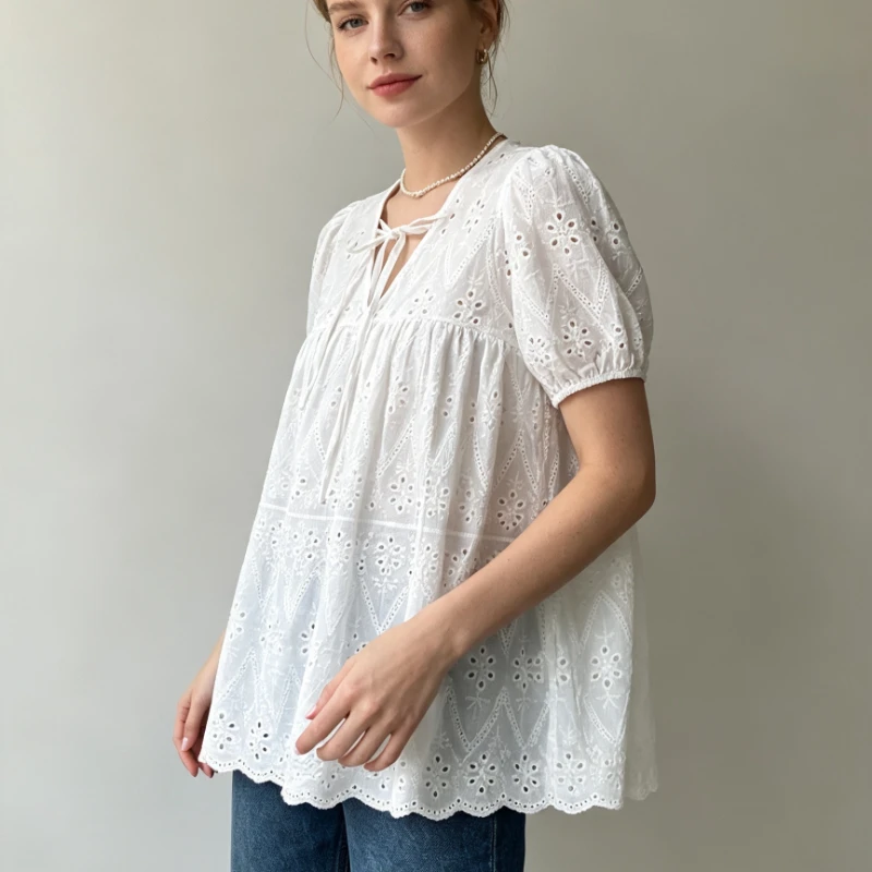 Women Hollow Eyelet Blouse V Neck Tie Front Puff Short Sleeve Loose Scalloped Hem Summer Ladies Tunic Top