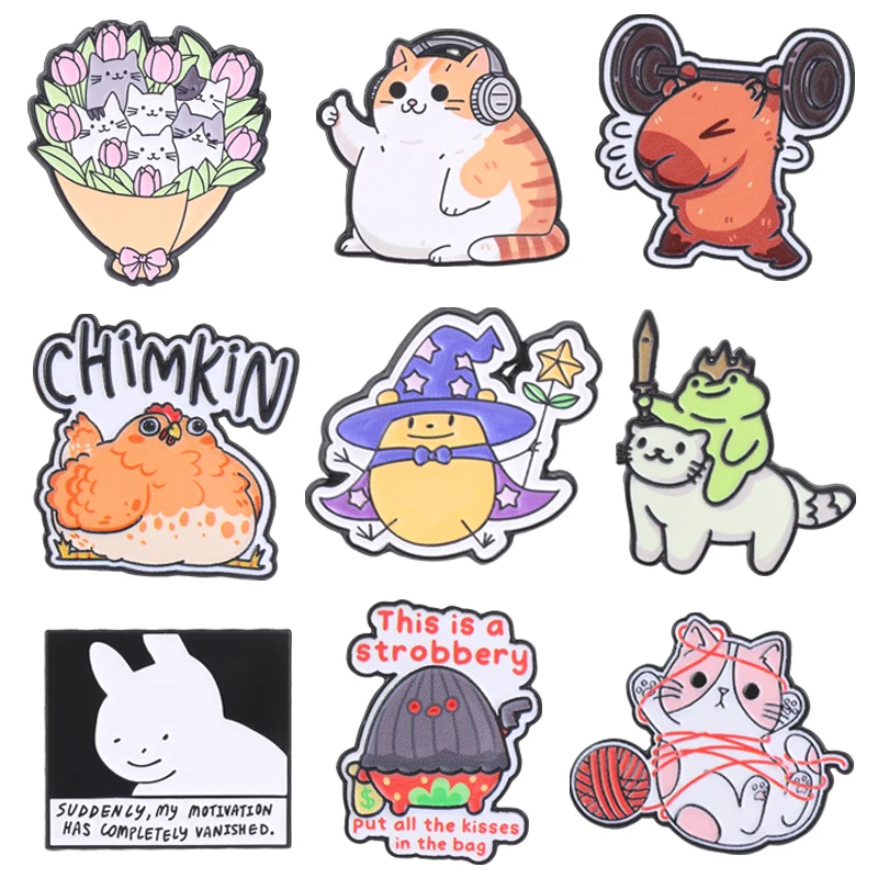 Cute Knight Frog Enamel Pins Weightlifting Capybara Strawberry Robber Yarn Ball Cat Animal Brooches Lapel Badge Jewelry Gifts