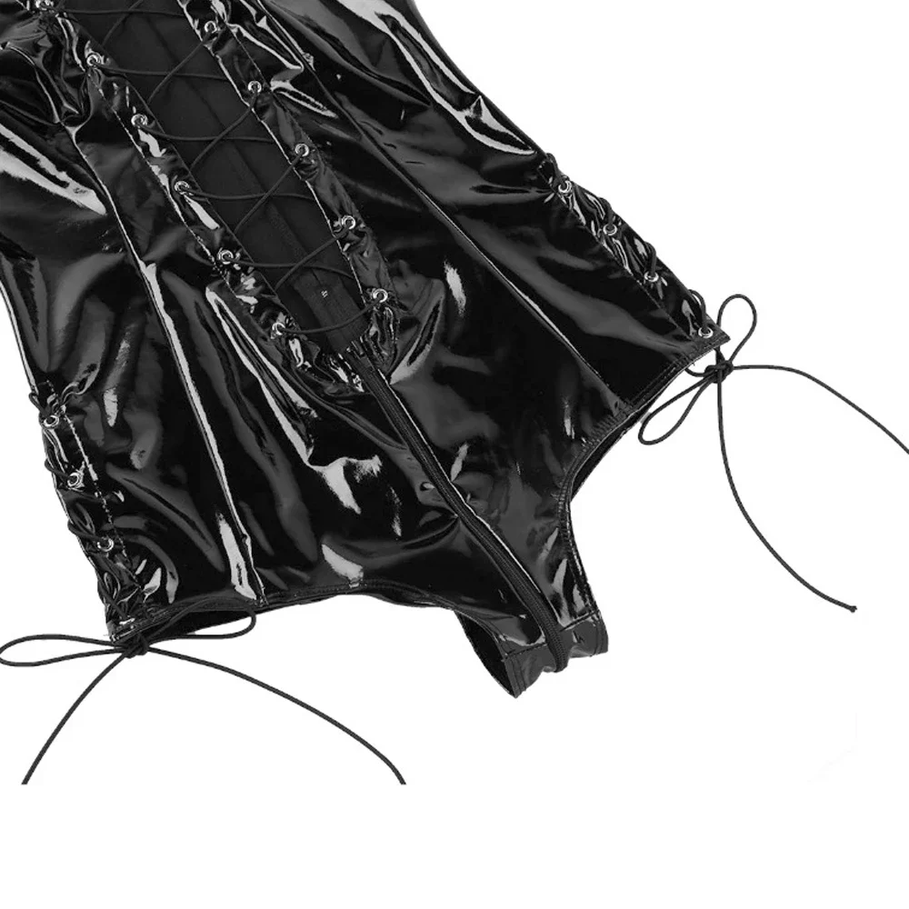 Damskie kombinezony wetlook z błyszczącej skóry PVC, erotyczne body, odzież klubowa, głęboki dekolt V, sznurowane body, seksowne kombinezony z zamkiem błyskawicznym i otwartym kroczem.