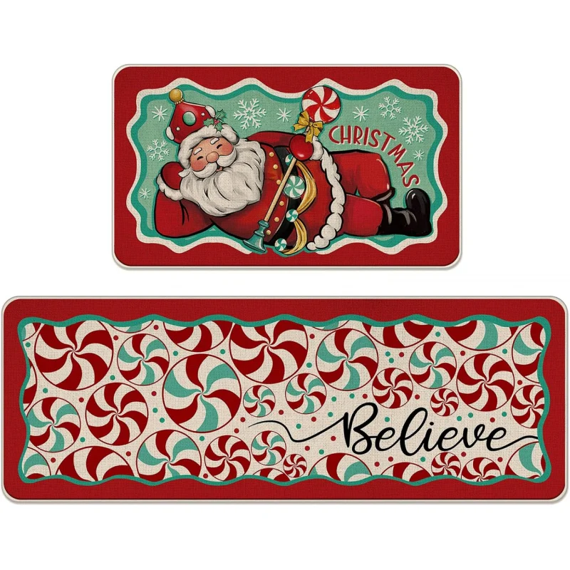 Santa Claus Kitchen Carpet Set of Two Red and Green Christmas Peppermint Candy Fun Winter Home Door Mat 20inX31in 18inX47in