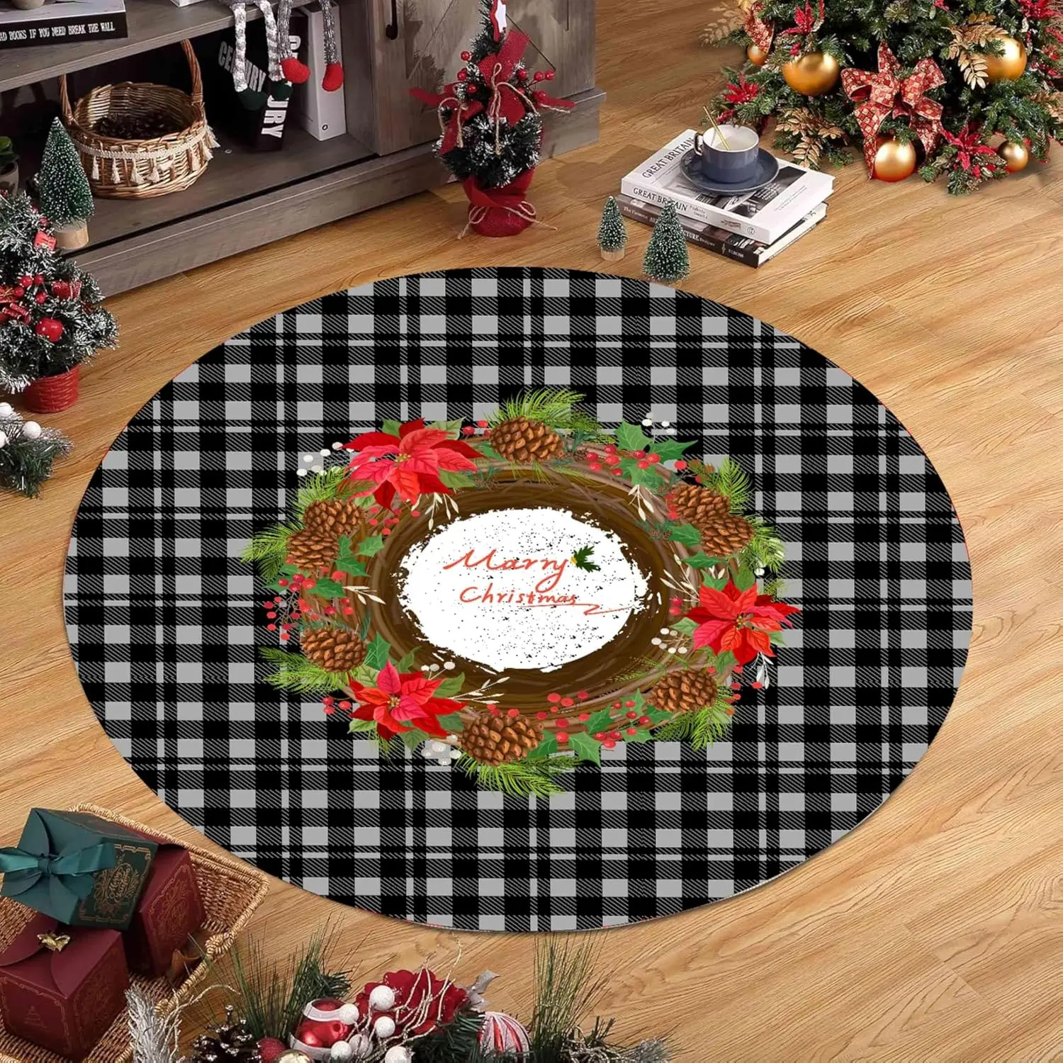 Vintage Holiday Round Rug Merry Christmas Carpet Buffalo Plaid Area Mat Retro Snowman Sleigh Living Room Bedside Decor Item
