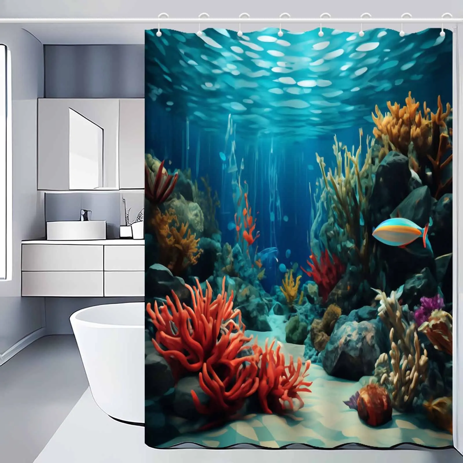 

Underwater Coral Reef Shower Curtain Ocean Art Bathroom Decor Tropical Fish Sea Life Bath Curtains Modern Home Interior