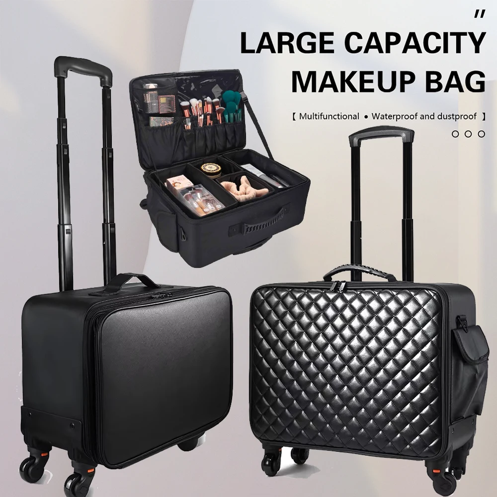 

2-in-1 Makeup Travel Case Cosmetic Organizer - Wheeled Liftable Trays Brush Bag Hair Nail Tool Storage Cosmetic Case for Travel