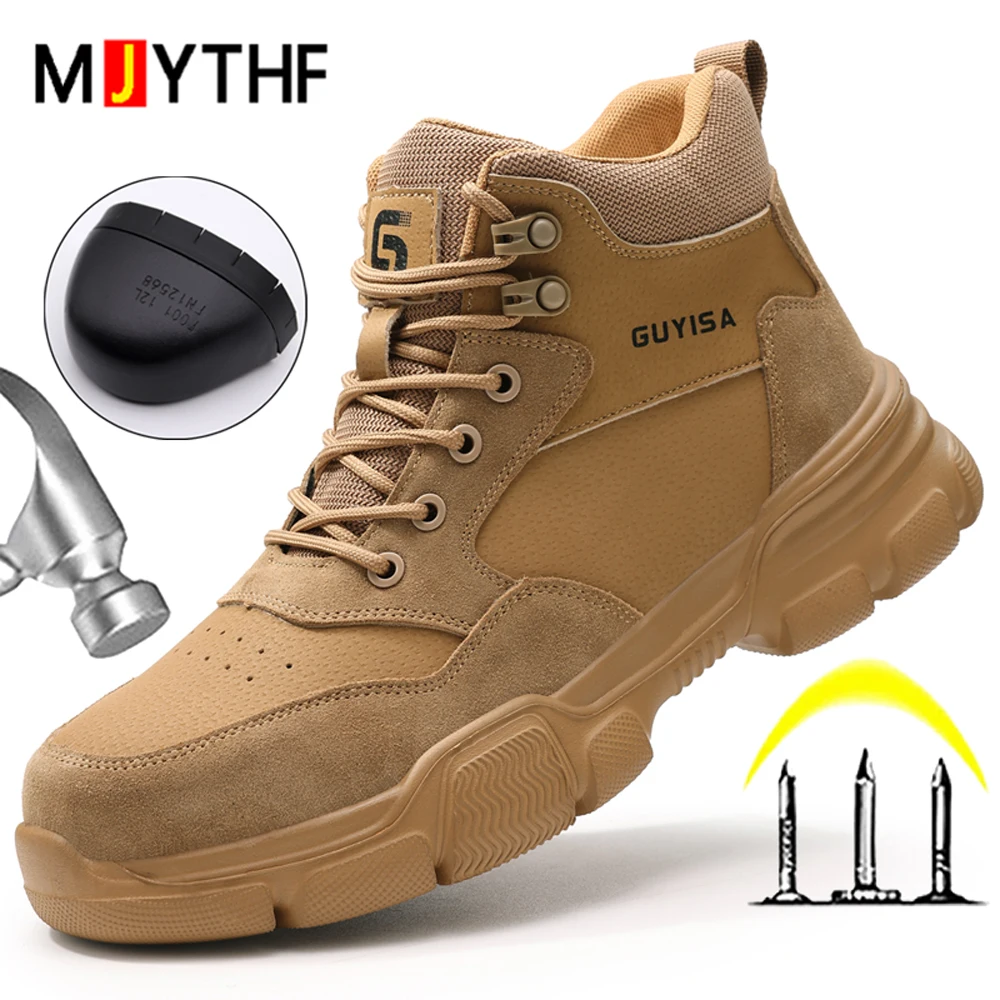 

khaki High top safety shoes Work Boots Men Soft bottom lightweight Steel toe shoes Puncture-Proof Protection Shoes Security Boot