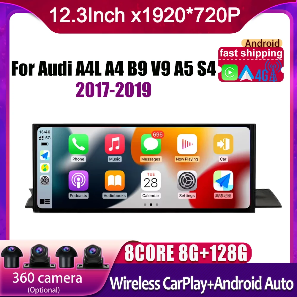 

12.3 Inch For Audi A4L A4 B9 V9 A5 S4 2017-2019 Android 14 Touch Screen Car Accessories Auto Multimedia Carplay Monitors Player