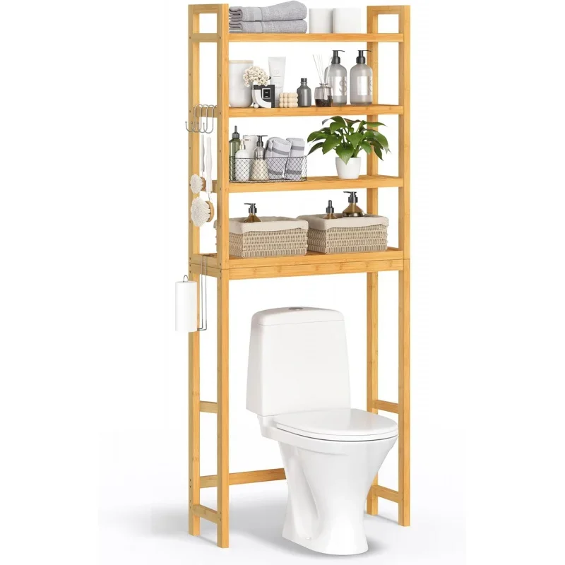 About Toilet Storage, 4-Tier Over Toilet Bathroom Organizer with Adjustable Shelf, Fit Most Toilets, Space-Saving, Easy Assem