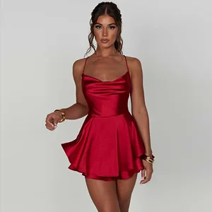 Combinaison Cami sans manches sexy pour femmes en satin d’été, robe à col col collé uni, combinaisons courtes, combinaison dos nu à nouage croisé 8 meilleures stations de vente - No 6