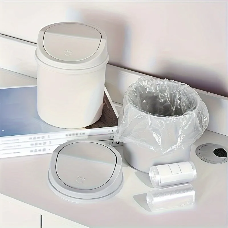 

Desktop trash can, home living room plastic small size with lid, mini table with creative belt cover, trash can on the table