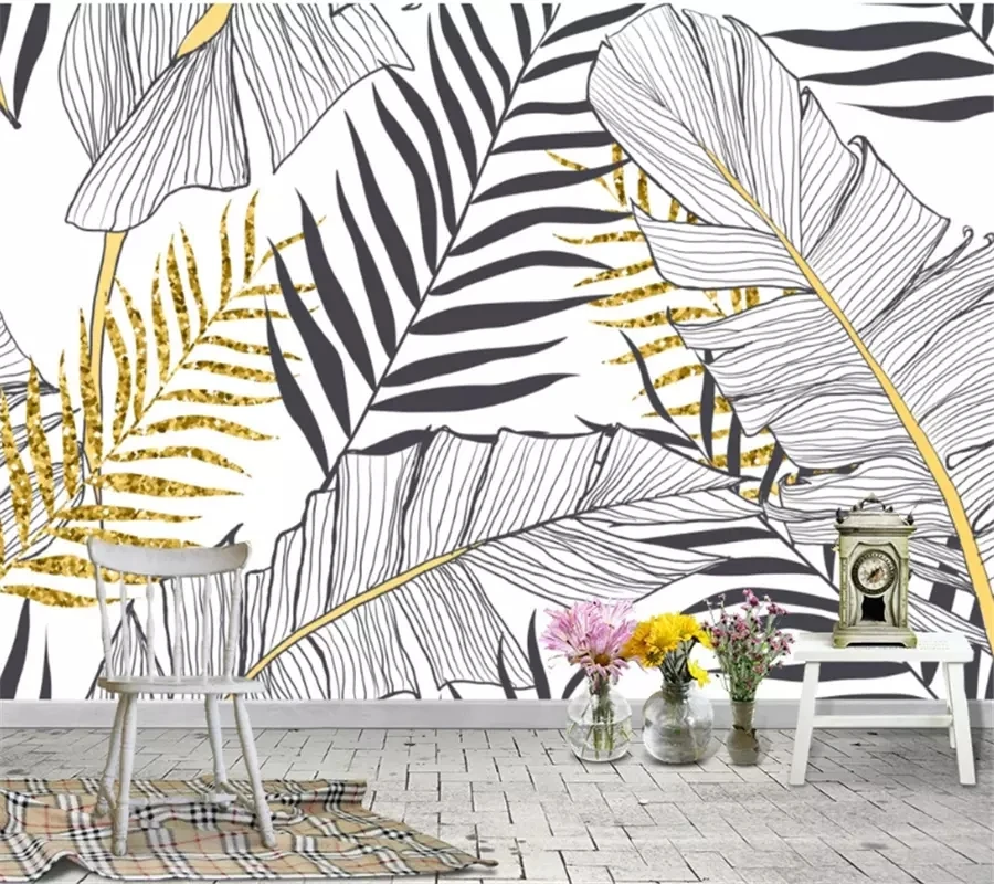 Customized Photo 3d Nordic hand painted black white banana leaf wallpaper mural Living room TV background bedroom restaurant 8d