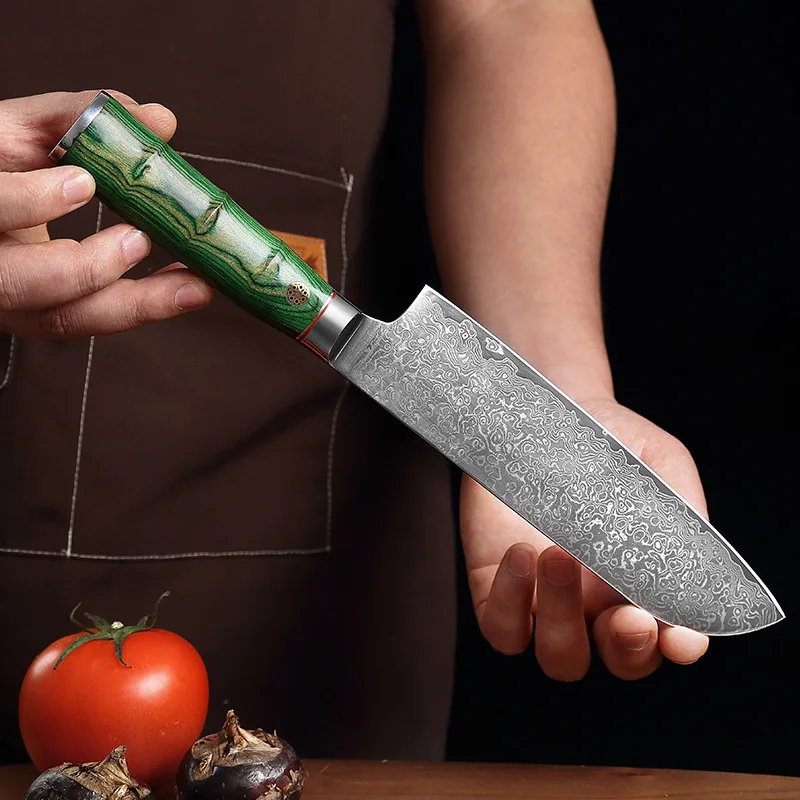 7 Inch Santoku Knife 10Cr15MoV 67 Layers Damascus Steel Blade Chefs Cleaver Sashimi Slicing Sushi Kitchen Knives  Cooking Tools