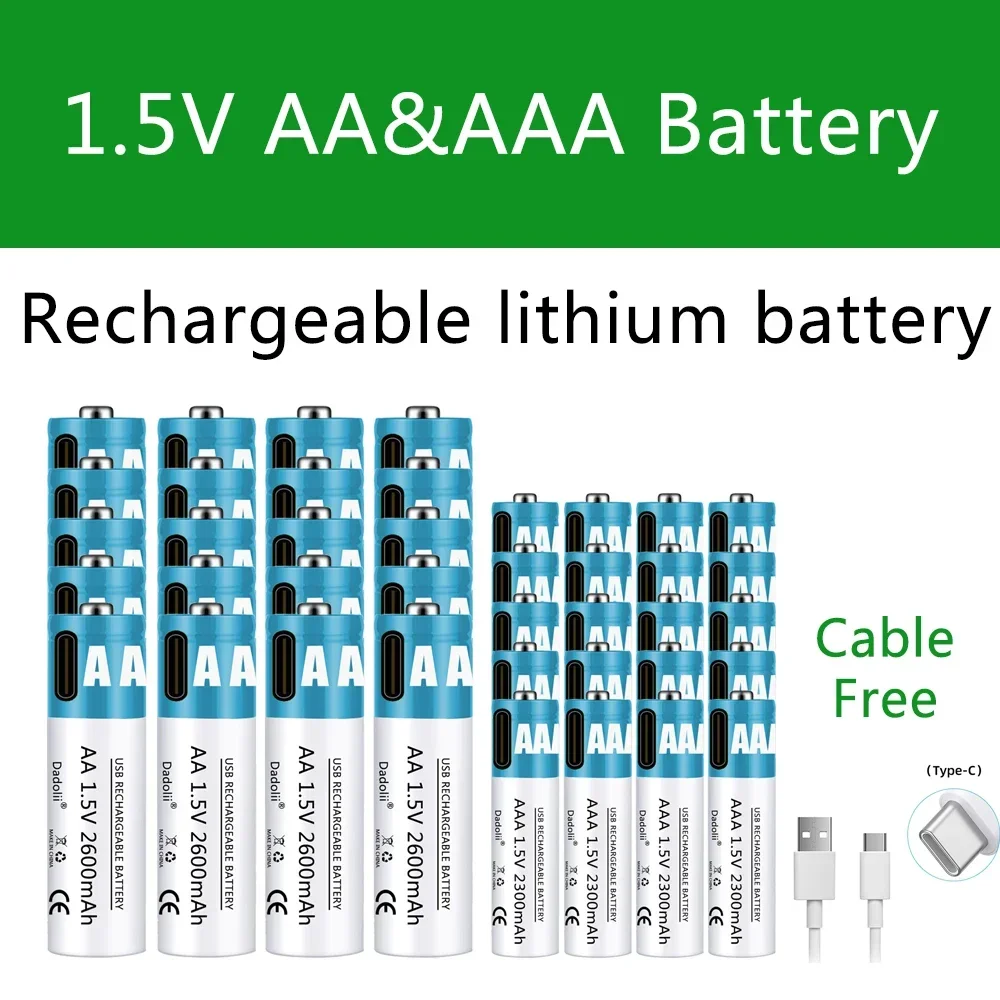 

AA AAA Battery 1.5V rechargeable Battery 2600mAh lithium ion battery AA 1.5V USB fast charging for toy Alarm clock mouse fan