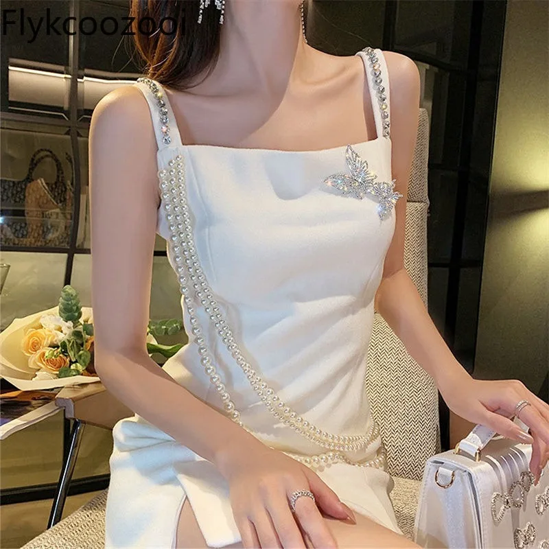 

Celebrity Premium Sequines Beading White Square Collar Tank Dress Women Waisted Slimming Vent Mini Dress Lady Luxury Clothing