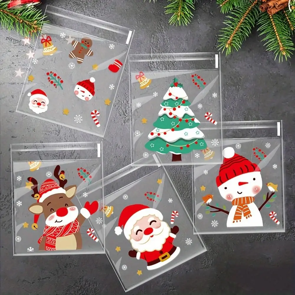 

Self-Sealing Christmas Treat Bags Cartoon Designs Santa Claus Opp Candy Pouches Merry Xmas Snowman Cookie Packaging Bag