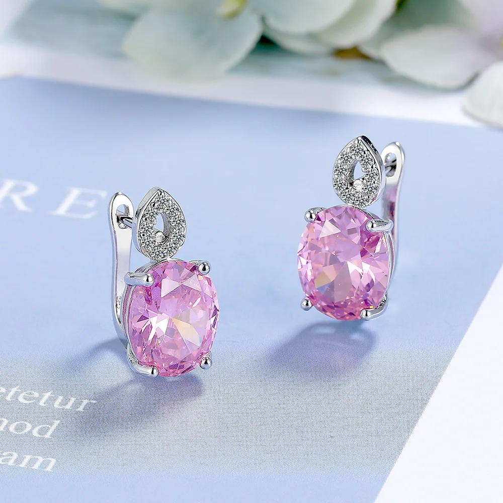 Oval Created Pink Sapphire 925 Sterling Silver Geometric Hoop Earrings Huggies for Women Gemstone Fine Jewelry Birthday Gift