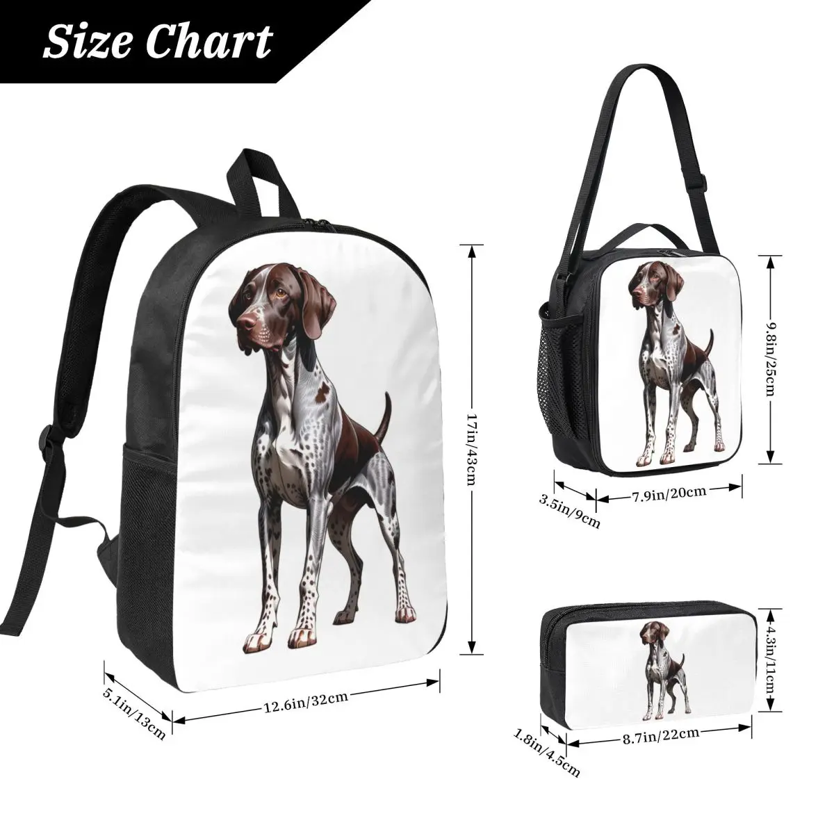 German Shorthaired Pointer Dog Bone And Paw Backpack BookBag School Bag Shoulder Bags 3ps Insulated Lunch Bag Pencil Case