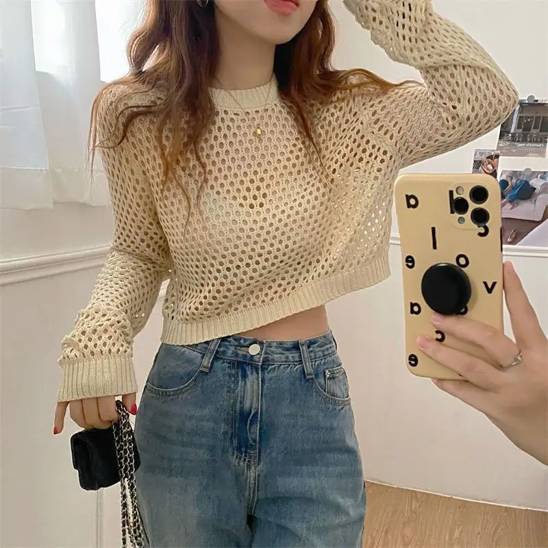 Hollow Out Sexy Long Sleeve Pullover Women Summer Harajuku Y2k Crop Tops Knitted Thin Sun-proof Korean Fashion Sweater Coats