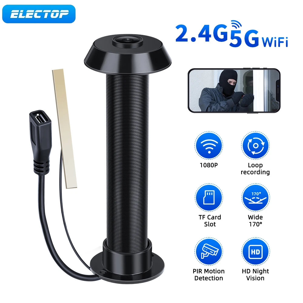 ELECTOP-Mini Câmera WiFi, Grande Angular, Visualizador Digital, Peepholes, Visão Noturna, Olho da Porta, 170 Graus