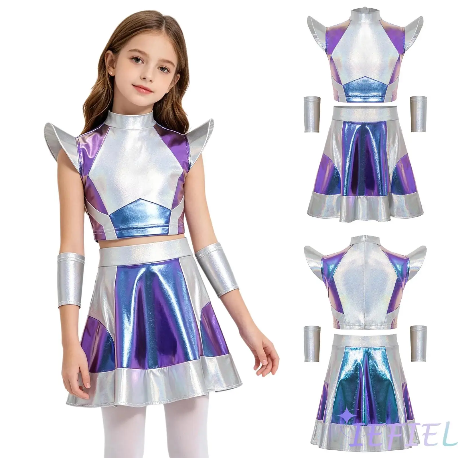 

Kids Halloween Alien Role Play Outfit Glossy Metallic Color Block Top Skirt and Oversleeves 3 Piece Space Astronauts Cosplay Set