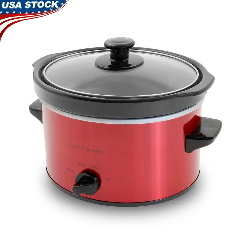 2Qt Oval Slow Cooker with Dishwasher Safe Stoneware Pot Tempered Glass Lid Low High Defrost Settings Family Meals
