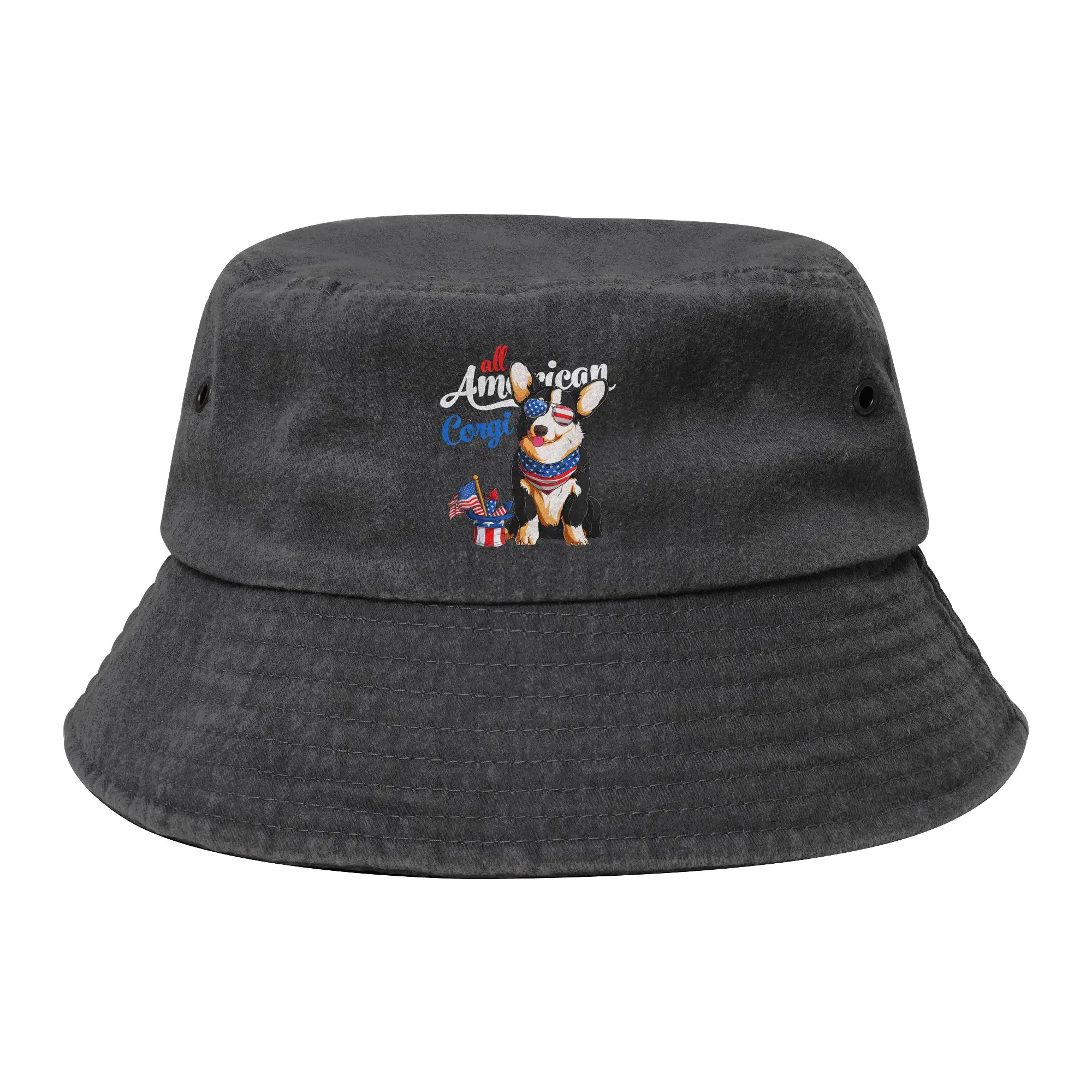 All American Corgi USA 4th of July  Bucket Hat Unisex Sport  Distressed Denim Washed Fisherman Hat Vacation Bob