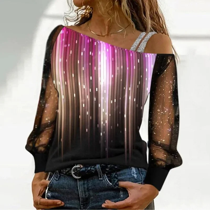 Sexy Womens T-shirt Shiny Solid Color Long Sleeves Fashion Mesh Splicing Sloping Shoulders Printed Tops Ladies Christmas Clothes