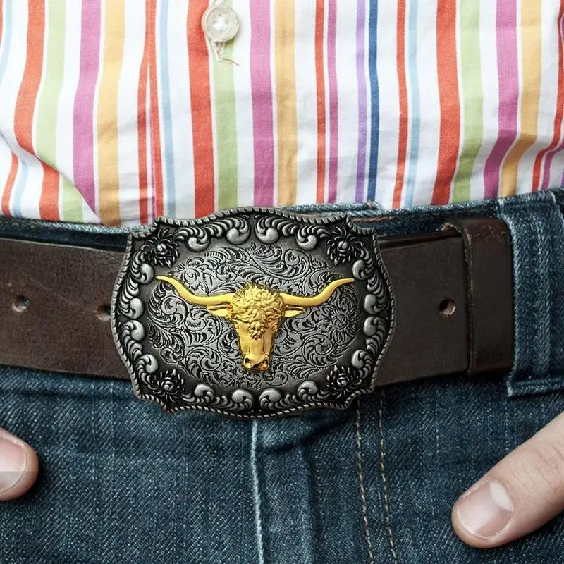 Belt Buckles Men Western Cowboy Long Horn Metal Bull Buckle Long Horn Bull Pattern Buckle Belt Floral Engraved Buckle