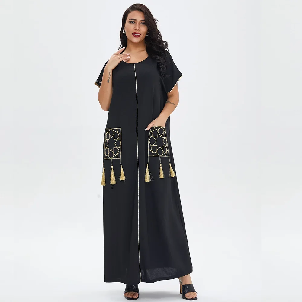 New Summer Ladies Embroidery Fringe Short Sleeve Long Gown Muslim Dubai Solid Color Robes for Women Elegant Loose Casual Dresses