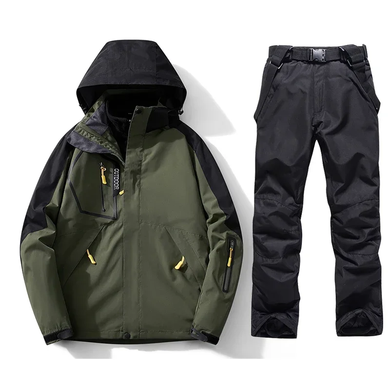 Kurtka narciarska z polaru i spodnie narciarskie Mężczyźni Ciepłe parki z kapturem Wiatrówka Wodoodporna męska kurtka śnieżna na zimowe wędrówki Camping Narciarstwo