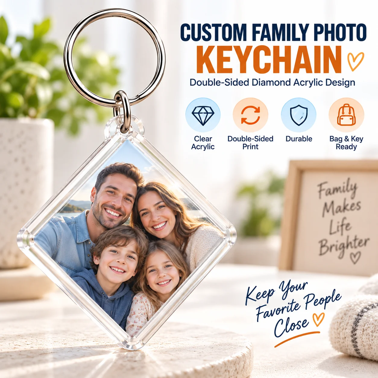 Customized Double-Sided Printed Diamond Plastic Box Keychain Full Picture Design Ideal for Personal Use Or Gifts