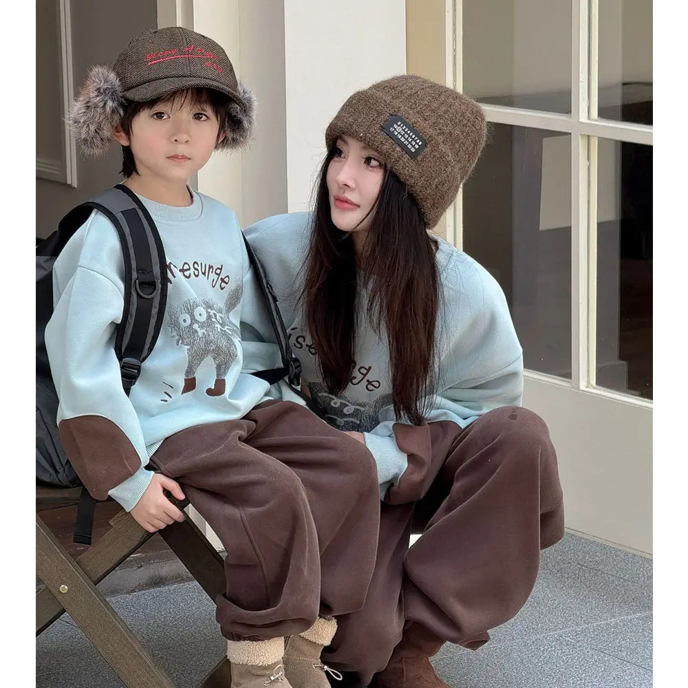 

Korean Family Round Neck Sweatshirt Letter Cat Print Parent-Child Clothes Mom Dad Son Daughter Unisex Kids Adults Casual Outfit