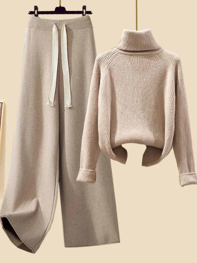 Winter Warm Knitted Set For Woman Outfits Office Ladies Elegant Turtleneck Pullover Sweater+knit Cardigans+wide Leg Pants Sets