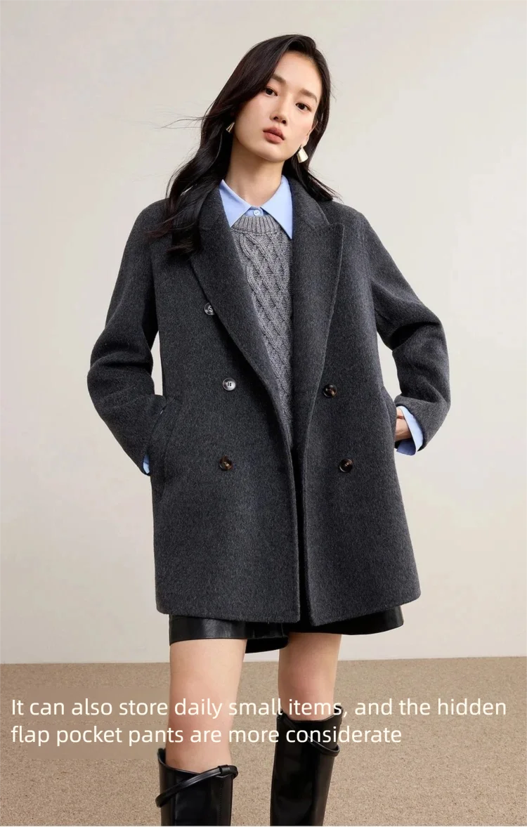 SENTUBILA Damen-Wollmäntel 2026 Wintermode Doppelreihige Jacken mit Taschen, Lose Sitzende Wollmäntel für Damen W54OA8787 – Detail 5