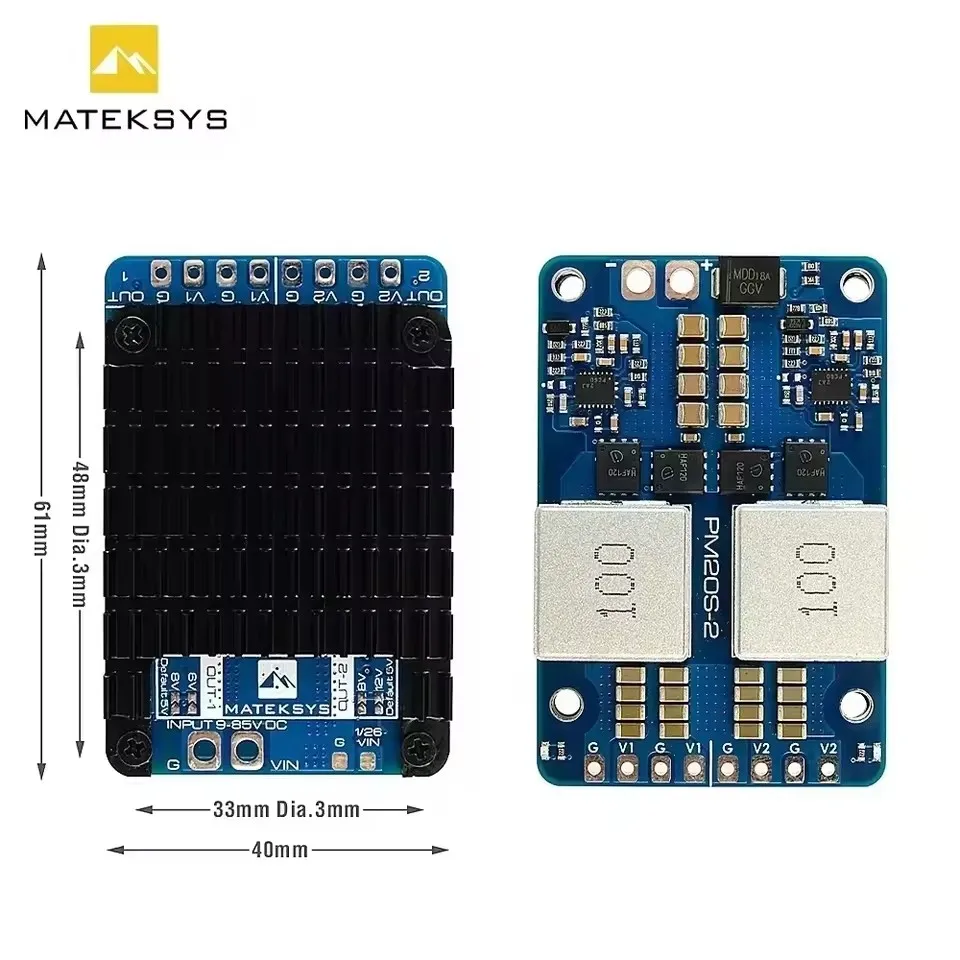 

Модуль питания MATEK MATEKSYS PM20S-2 с двумя независимыми понижающими регуляторами напряжения 9V-85V DC IN 4-20S Lipo для RC FPV дронов
