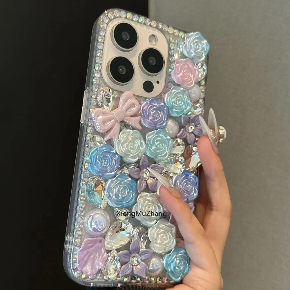 Bling Rhinestone DIY Case for Iphone 15 16 Pro Max 13 14 15 Plus 13 12 Mini 11 ProMax XS Max Diamond Crystal Flowers Woman Cover