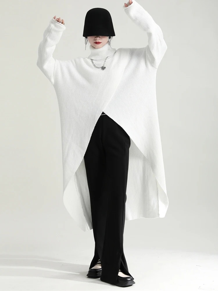 [EAM] Women White Irregular Slit Long Knitting Big Size Dress New Turtleneck Long Sleeve Fashion Tide Spring Autumn 2024 1DH0317