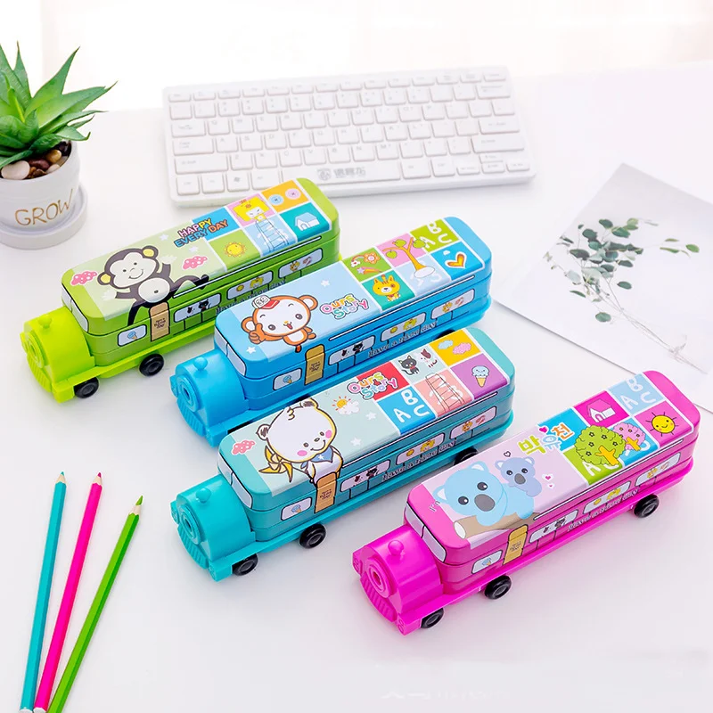 1pcs Train Bus Kawaii Pencil Case with Sharpener Double Layer Pencil Box Metal Pen Case for Boy Girls Anime School Stationery