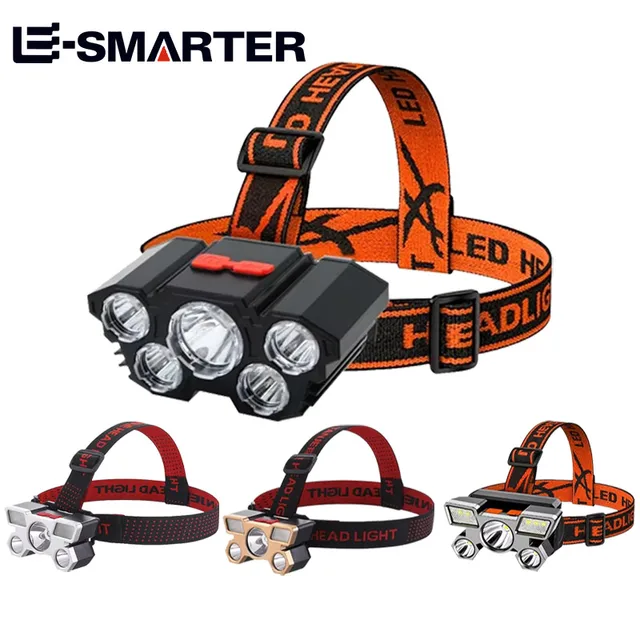 Latarka czołowa USB z 5 diodami LED Super jasna mocna latarka montowana na głowie Wbudowana bateria Outdoor Camping Nocna lampa wędkarska