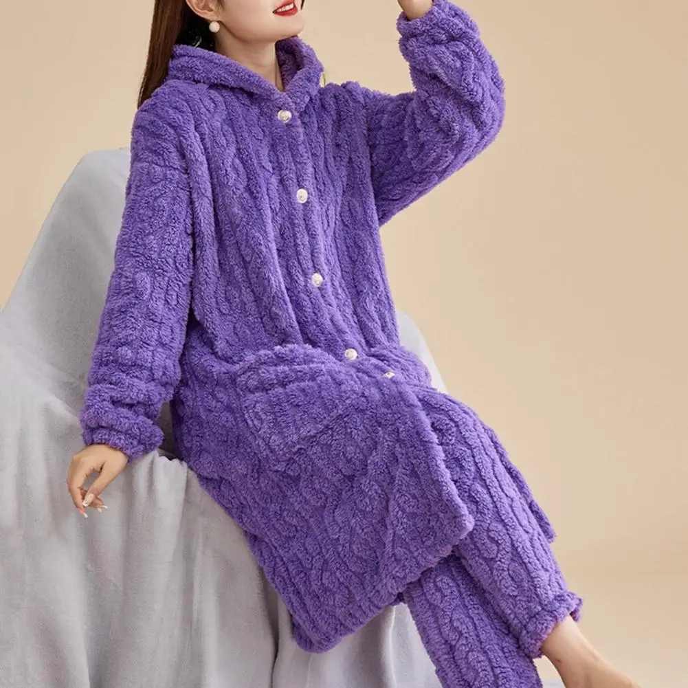 

Women Loungewear Cozy Winter Women's Bathrobe Pants Set with Fleece Lining Hooded Robe Pockets Warm Homewear Pajamas for Cold