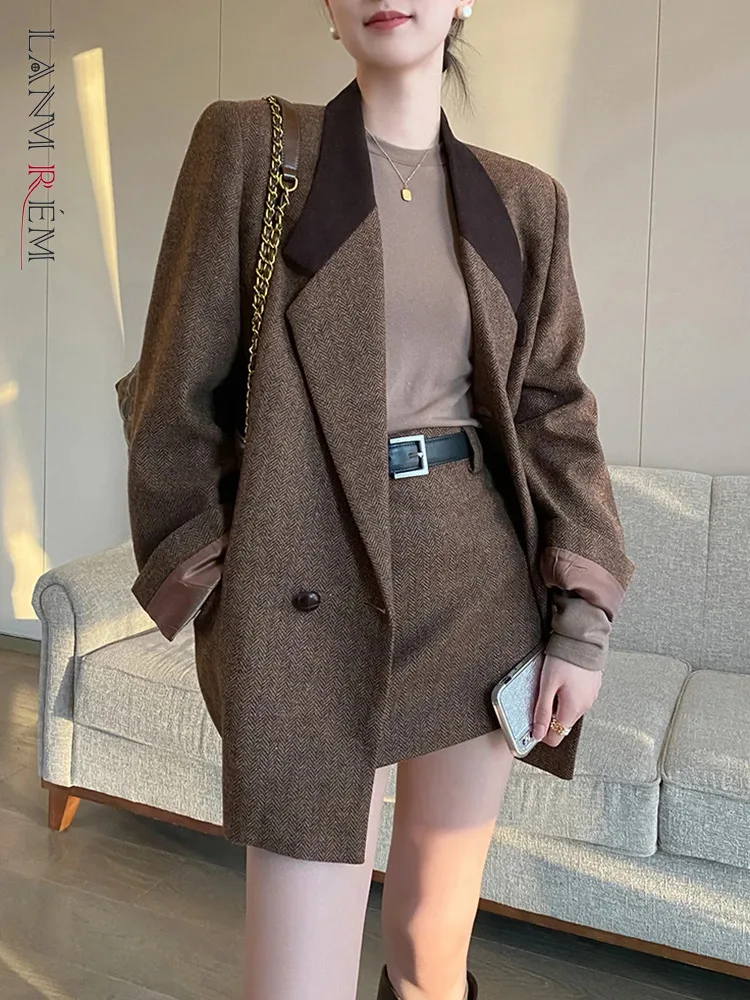 

[LANMREM] Spliced Design Wool Blazers For Women Double Breasted Office Lady Loose Jackets Fashion 2024 Autumn New CP3211