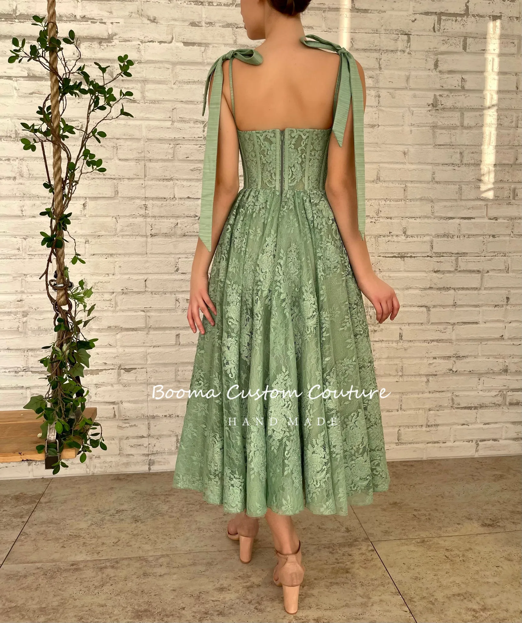 Booma Green Lace Midi Prom Dresses 2022 Sweetheart Bow Straps Corset Boning A-Line Wedding Party Dresses Open Back Formal Gowns