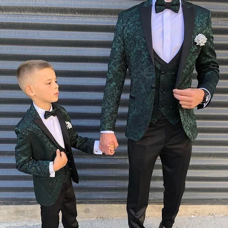 Fashion Father & Son Suits 3 Pieces Slim Fit Jacquard Wedding Groom Tuxedo Blazer Green Boys Men Casual Party Suit Set Custom