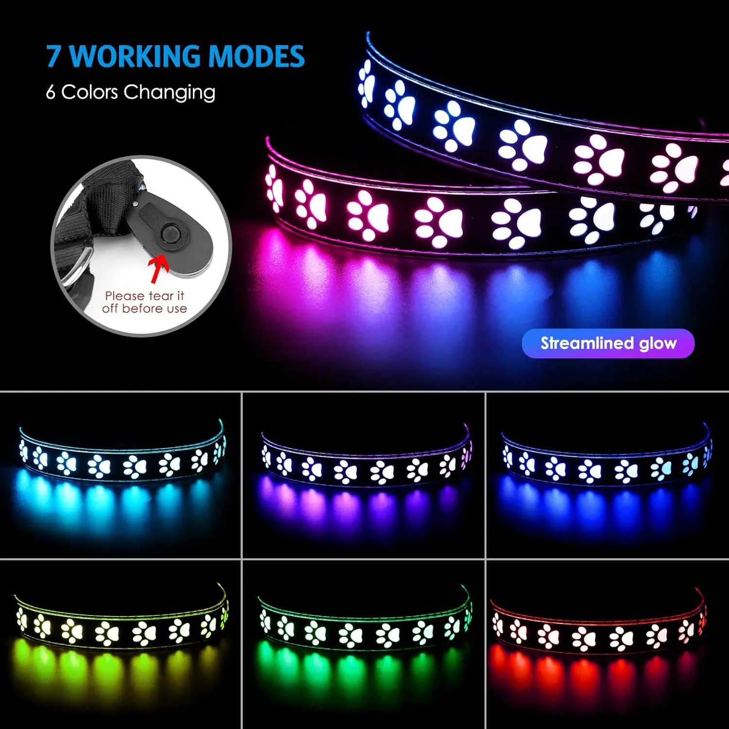 CC SIMON-Light Up Dog Collar, USB C recharge ,3D Paw, Soft Material, 15 Modes