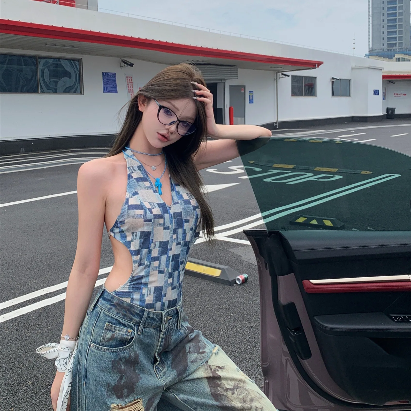 

Summer New Style Hot Girl Backless One-Piece Strap Top Women's Ripped Vintage American Loose Wide Leg Pants Denim Jeans