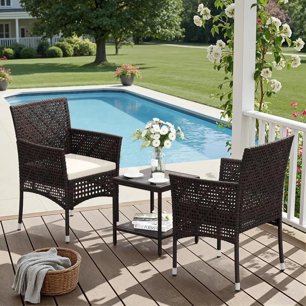 

Patio Furniture Set 3 Pieces Outdoor Wicker Chairs Set of 2 with Coffee Table for Outside Porch Balcony (Brown)