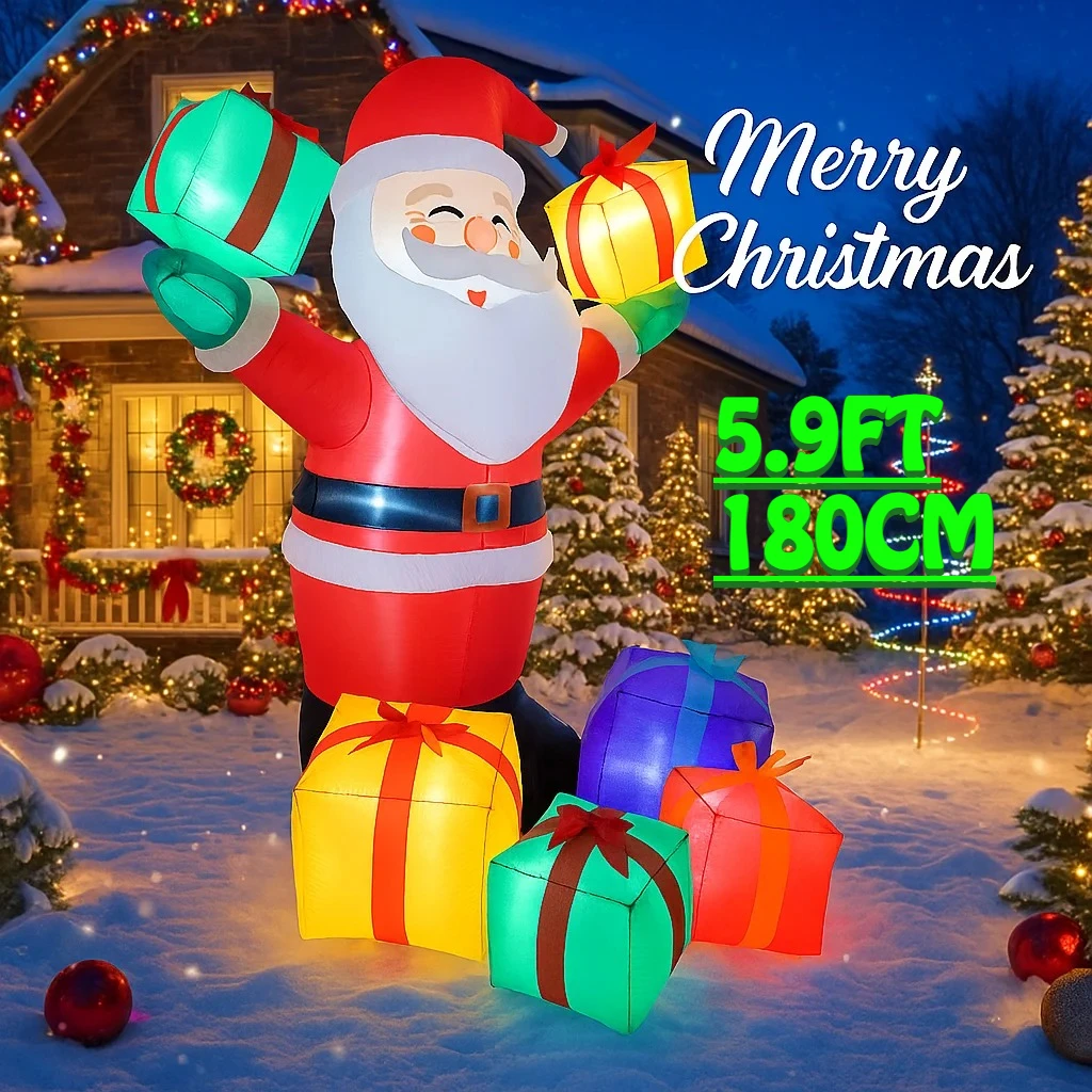 5.9FT Outdoor Holiday Inflatable Decorations Santa Claus Holding Gift Box Christmas Decor Xmas Yard Ornaments Lights Home Toy