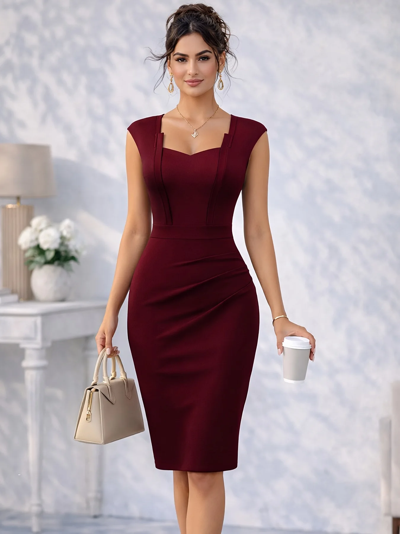 

Summer Square-neck Sleeveless Sexy Fit Dress for Women Elegant Office Party Dress with Waistline And 3D Cutting