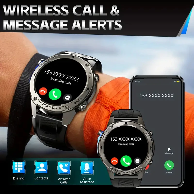 다오르코우 GPS 스마트워치 1.43인치 AMOLED 화면 음성 통화 야외 스포츠 시계 남성용 5ATM 방수 500mAh 배터리 헬스 스마트워치